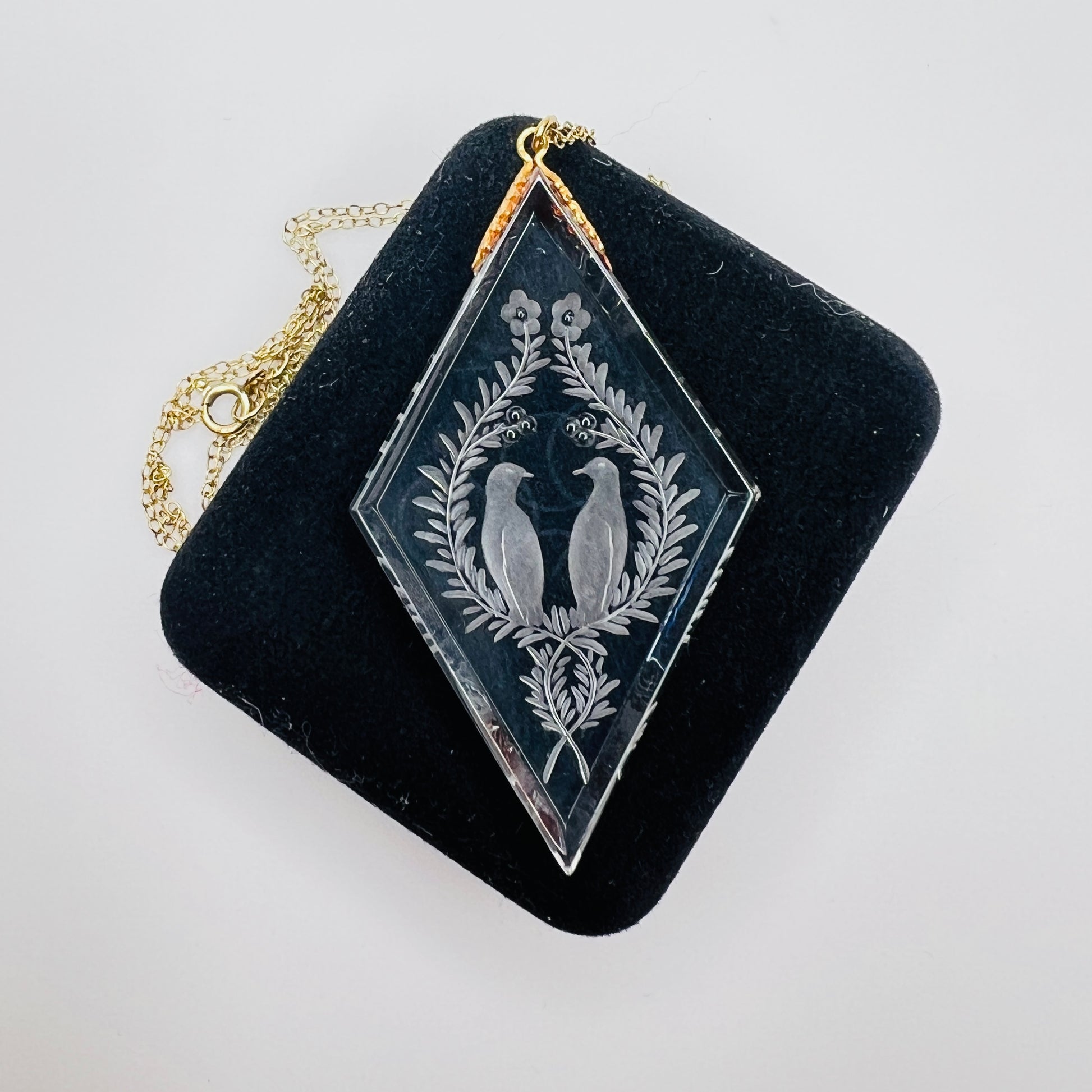 Vintage crystal pendant with carved love birds and gold filled chain