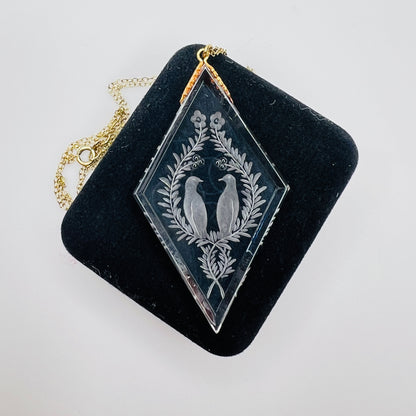 Vintage crystal pendant with carved love birds and gold filled chain