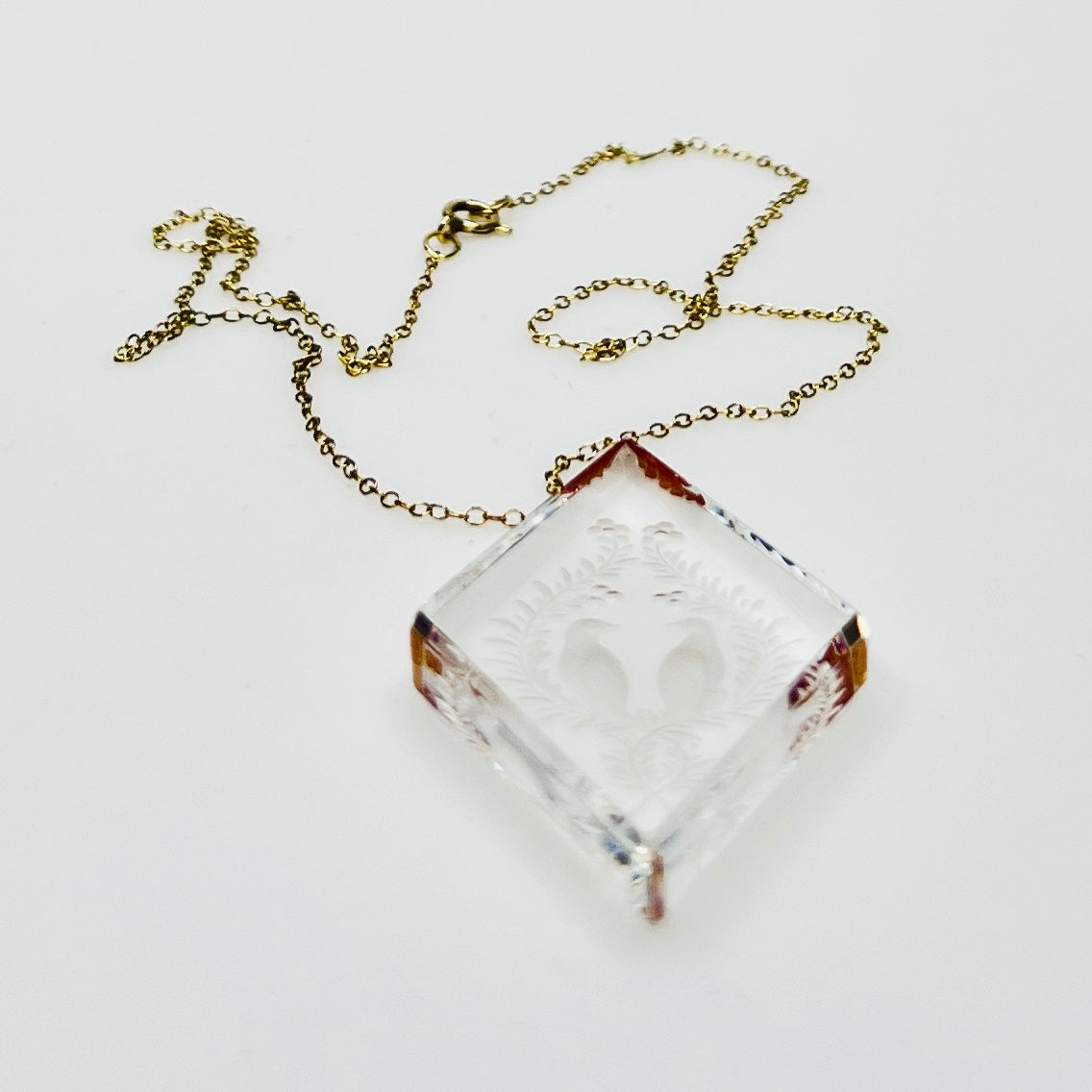 Vintage crystal pendant with carved love birds and gold filled chain