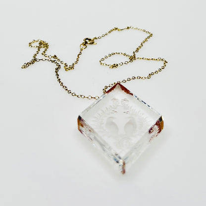 Vintage crystal pendant with carved love birds and gold filled chain