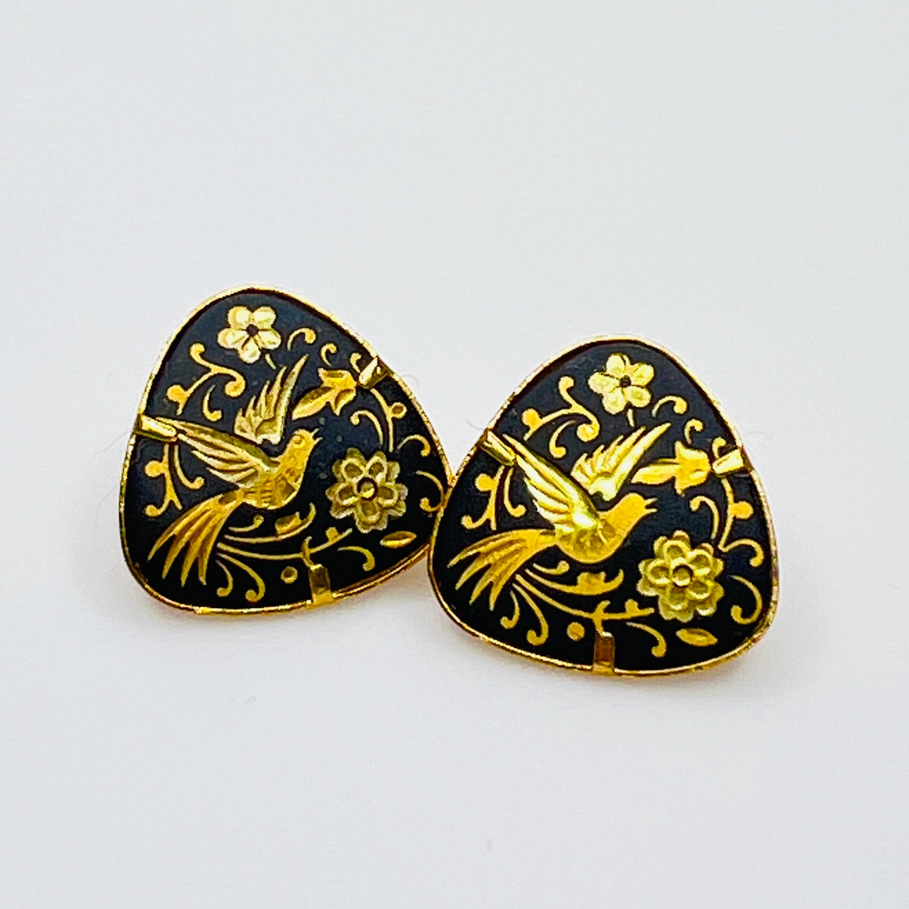 Vintage damascene bird stud earrings black gold floral motif