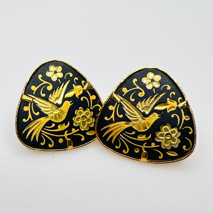 Vintage damascene bird stud earrings black gold floral motif