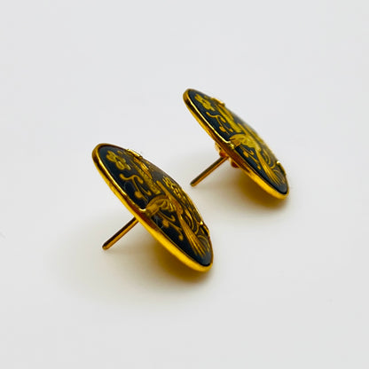 Side view damascene bird earrings gold tone posts