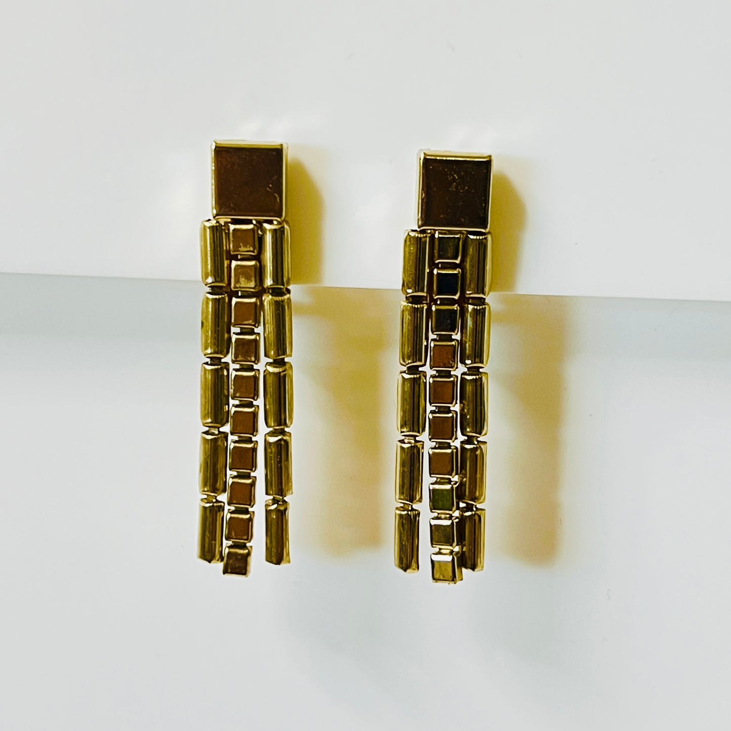 Vintage gold tone dangle earrings triple chain clip on 1970s