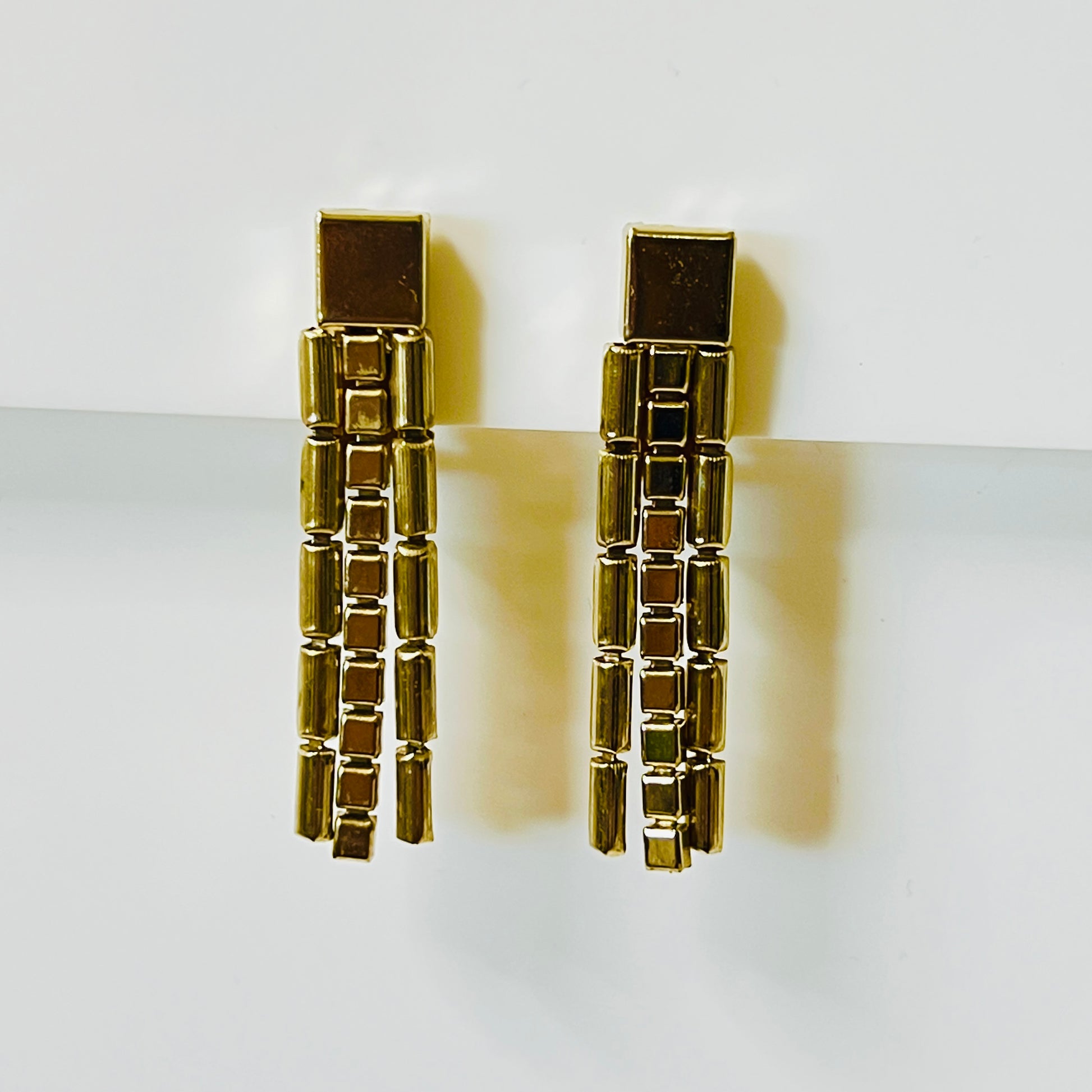 Vintage gold tone dangle earrings triple chain clip on 1970s