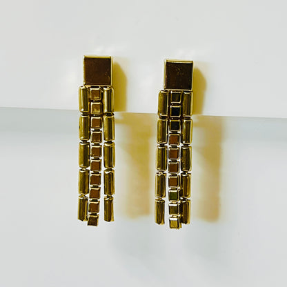 Vintage gold tone dangle earrings triple chain clip on 1970s