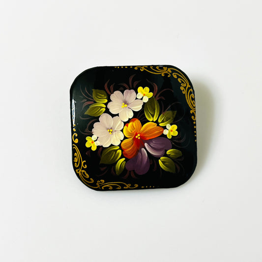 Vintage 1970s Russian black lacquer hand-painted floral square brooch