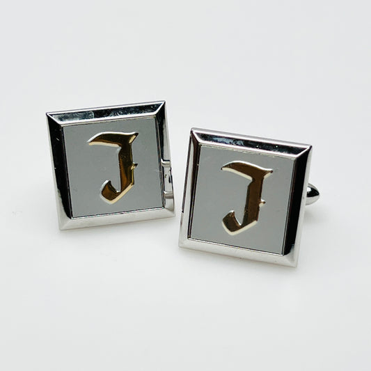 Vintage 1970s Swank square silver tone cufflinks with raised gold tone letter J monograms