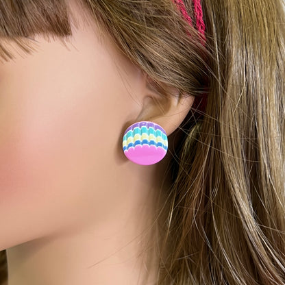 Vintage 1980s colorful resin stud earrings shown worn on ear