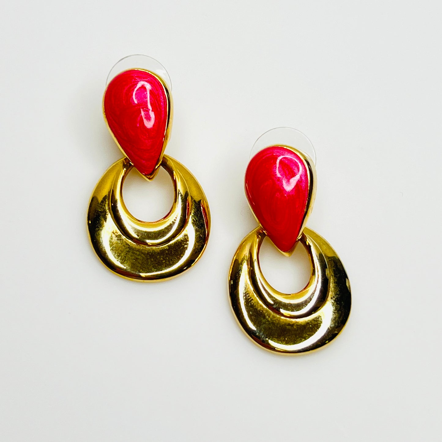 Vintage Orion red enamel door knocker earrings with gold tone finish
