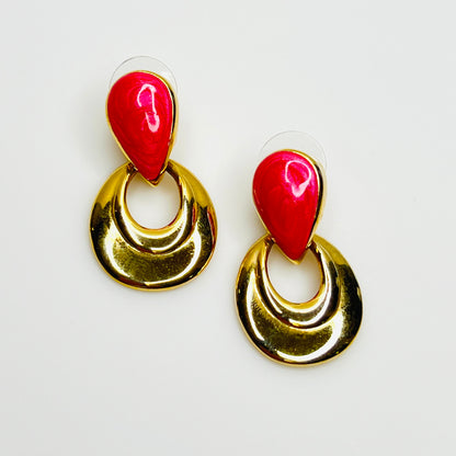 Vintage Orion red enamel door knocker earrings with gold tone finish