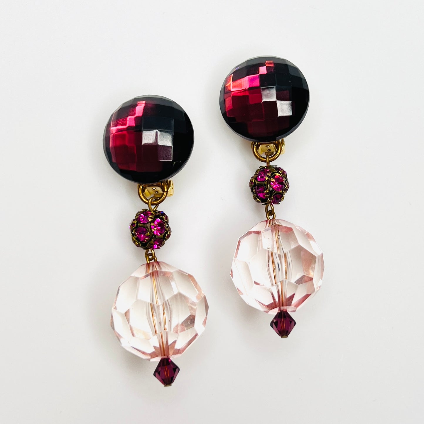 Vintage 1980s pink acrylic clip-on statement earrings with fuchsia rhinestones and faceted blush bead drops.