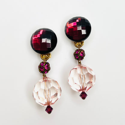 Vintage 1980s pink acrylic clip-on statement earrings with fuchsia rhinestones and faceted blush bead drops.