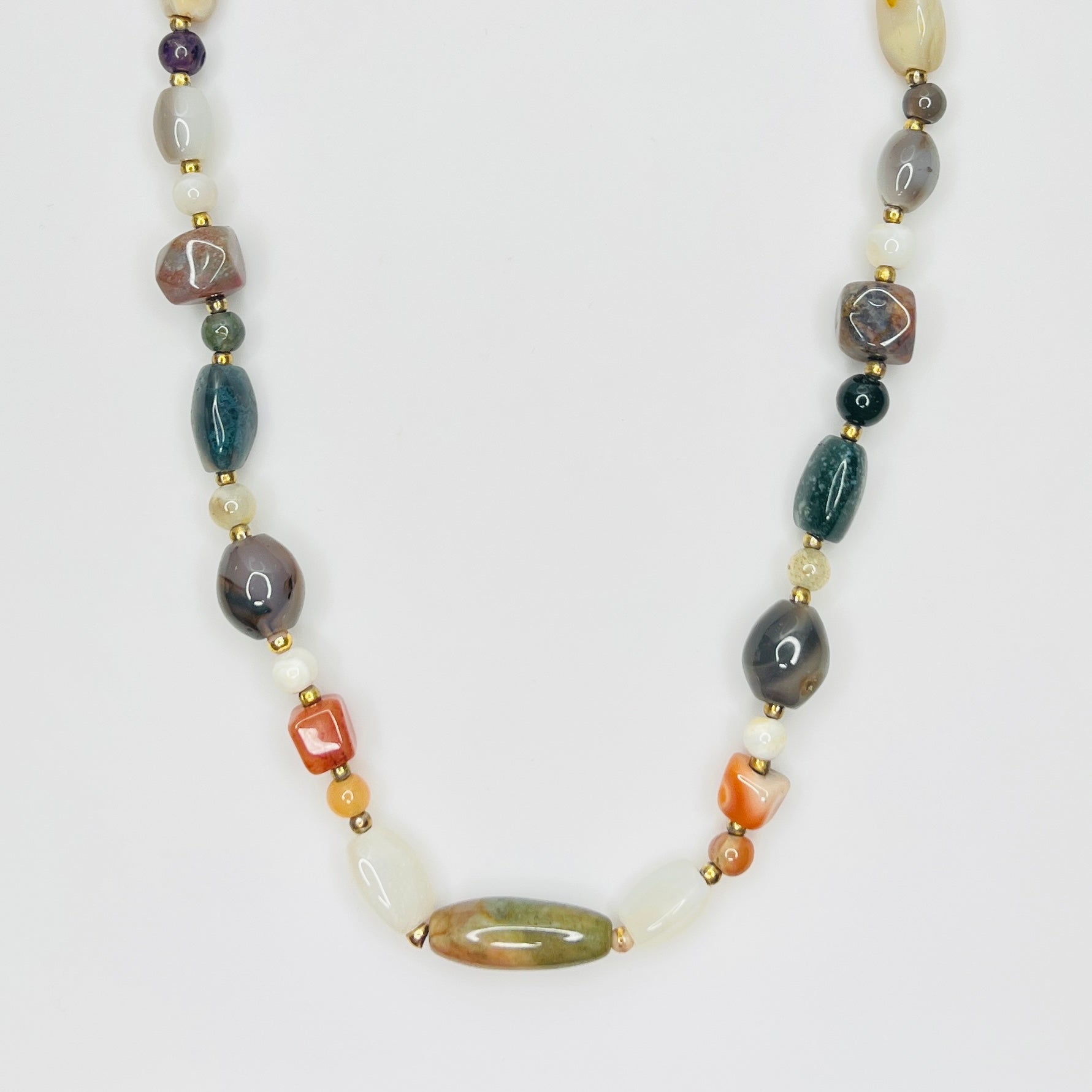 Vintage polished gemstone bead necklace with mixed stones