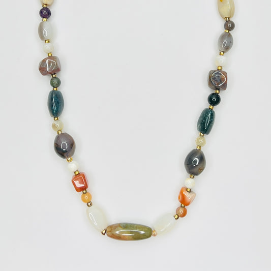 Vintage polished gemstone bead necklace with mixed stones