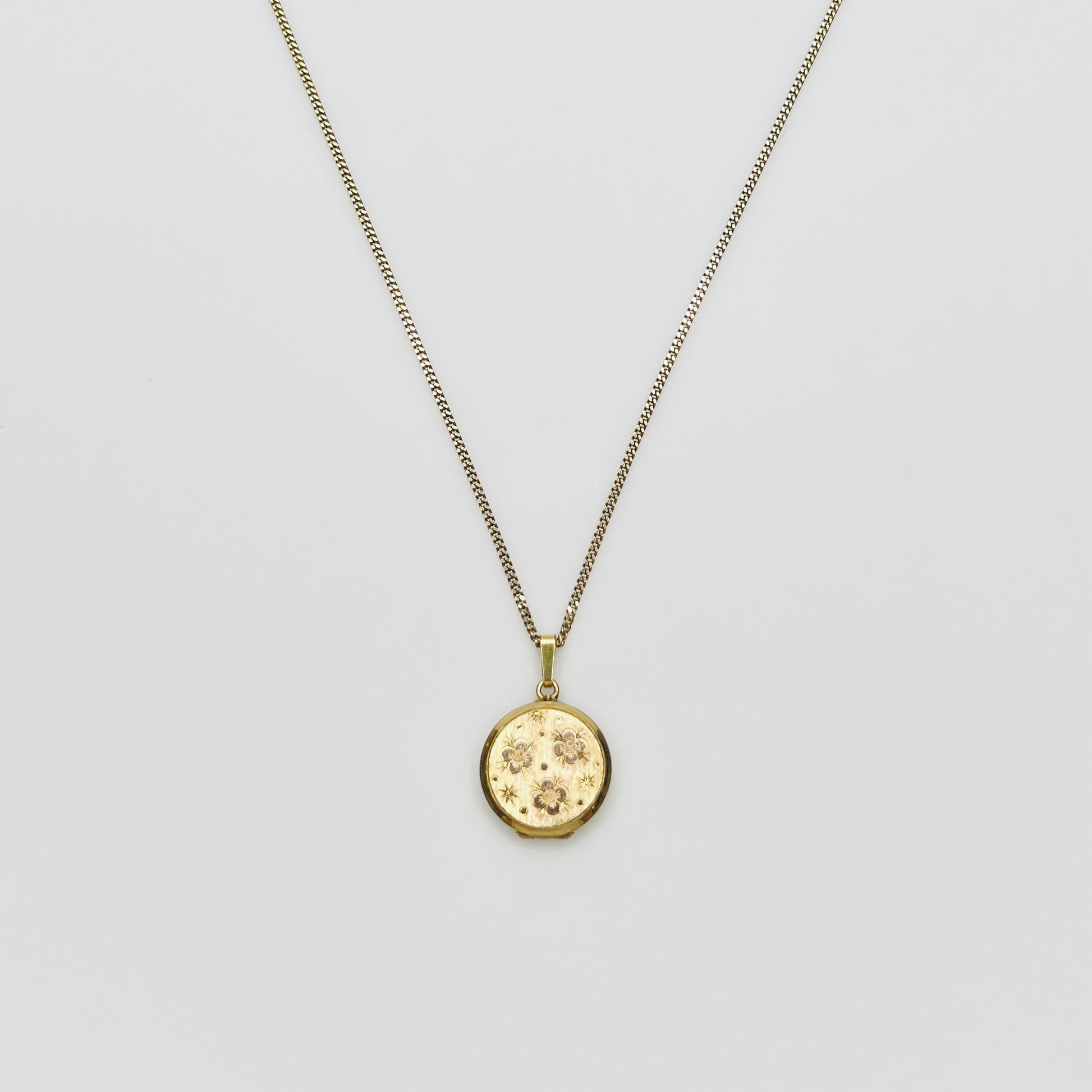 Vintage gold plated sterling silver floral locket necklace on 18 inch Italian chain
