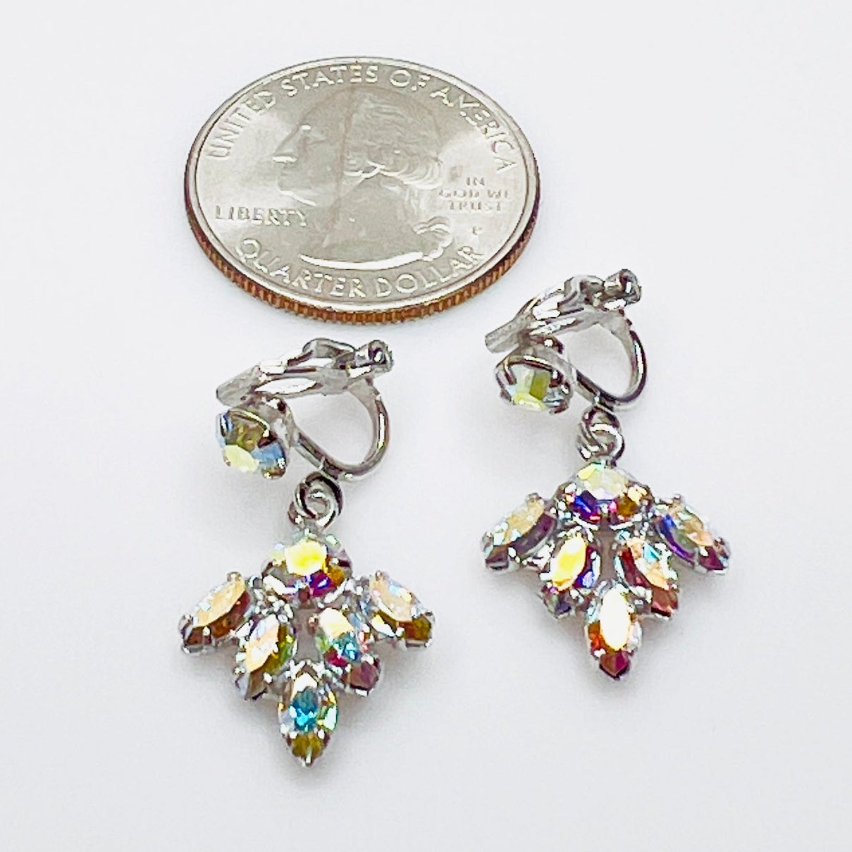 1950s AB crystal rhinestone dangle clip-on earrings