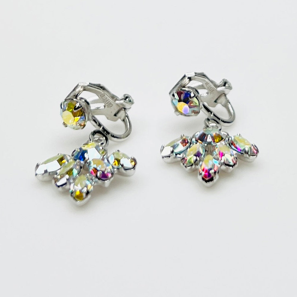 1950s AB crystal rhinestone dangle clip-on earrings