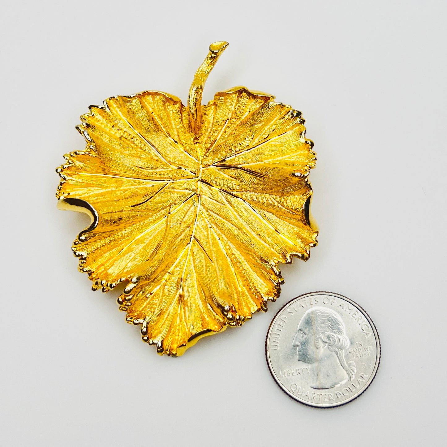 Large gold leaf brooch beside quarter for scale