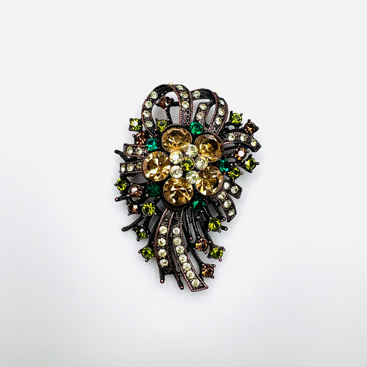 Vintage Joan Rivers floral brooch with amber, green and champagne glass rhinestones