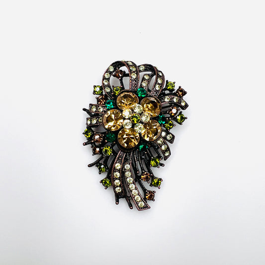 Vintage Joan Rivers floral brooch with amber, green and champagne glass rhinestones