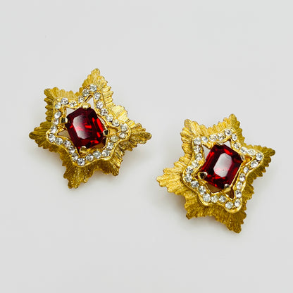 Vintage Park Lane ruby red rhinestone starburst clip-on earrings