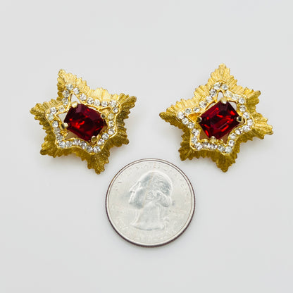 1950s Park Lane red and clear rhinestone clip earrings with quarter