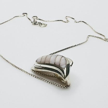 Side view sterling silver wave pendant mother of pearl detail