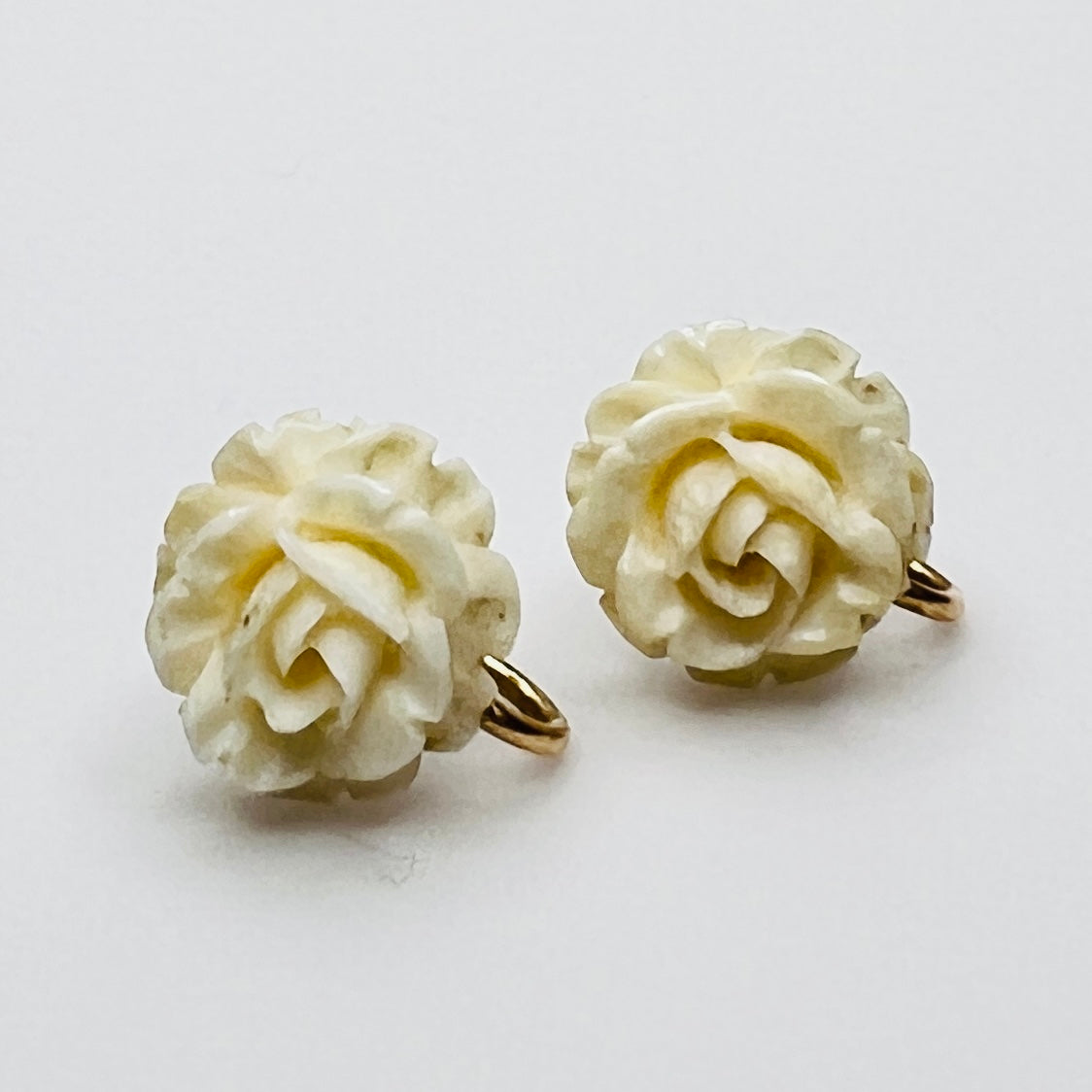 Vintage carved ivory rose earrings with gold filled screwback