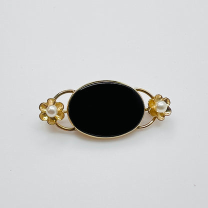 Vintage WRE gold filled onyx pearl brooch oval center