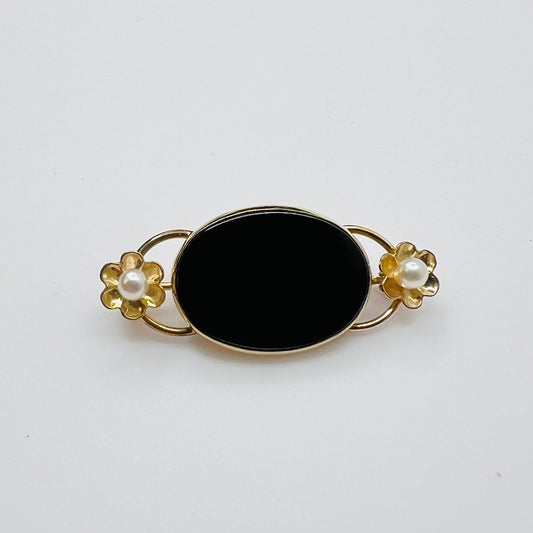 Vintage WRE gold filled onyx pearl brooch oval center