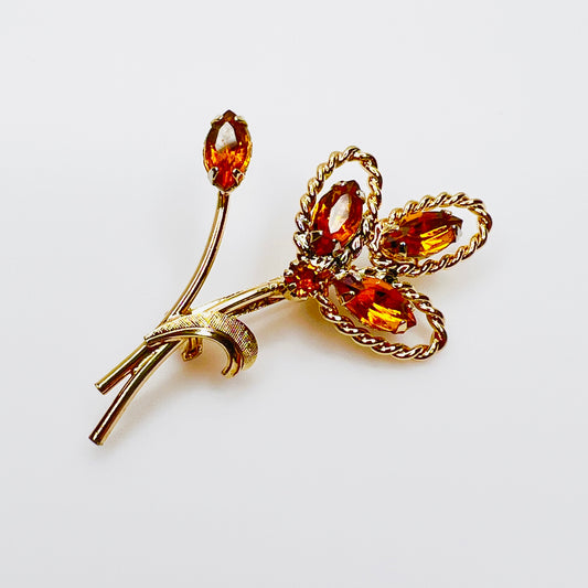 Vintage amber rhinestone floral spray brooch