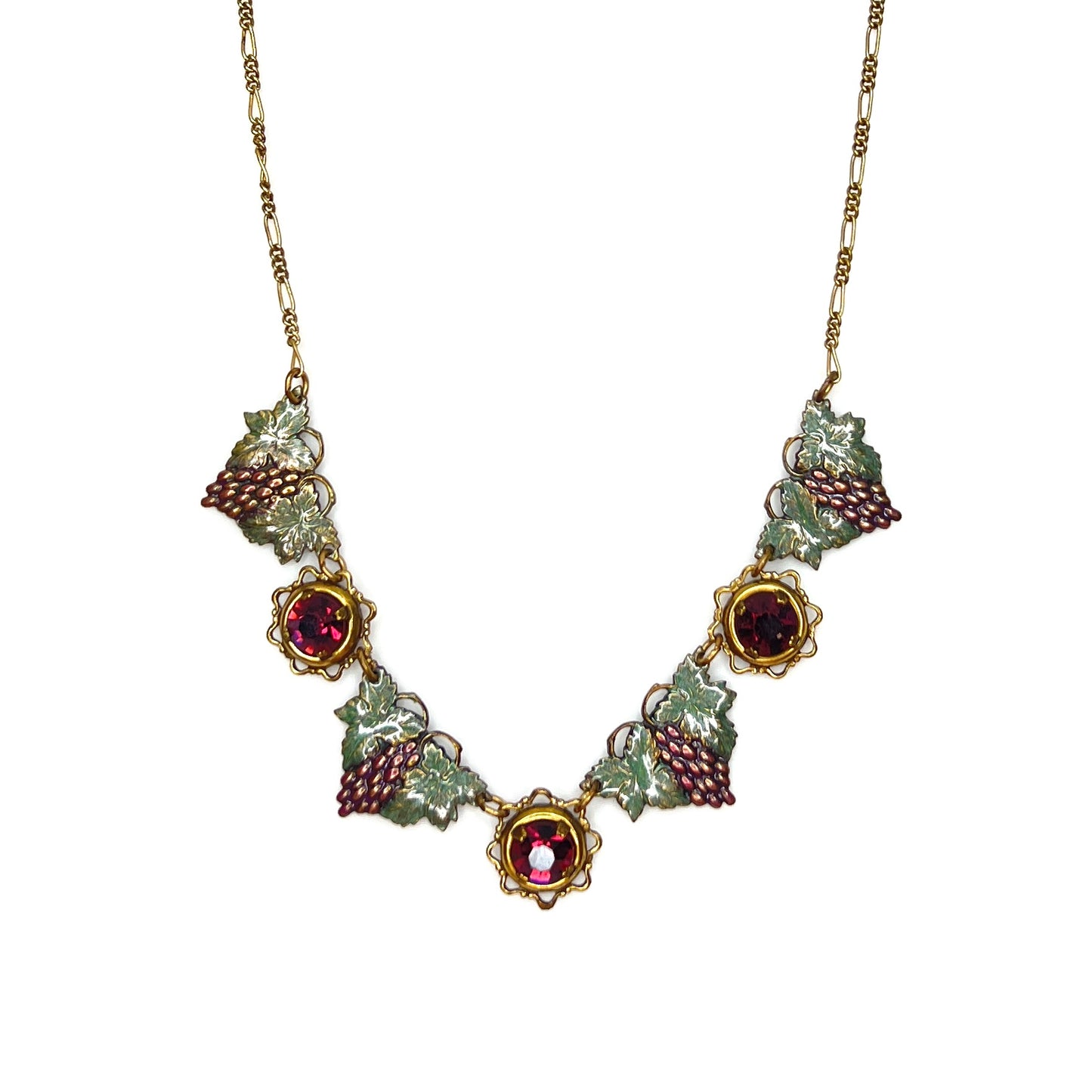 Vintage artisan enamel grape necklace with ruby red rhinestones and gold tone chain.