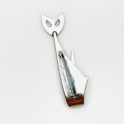 Back of signed Kim stainless steel cat brooch with rollover safety clasp.
