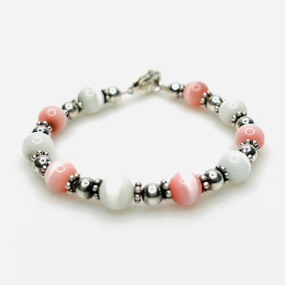 Pink and white cat's eye sterling silver vintage bracelet