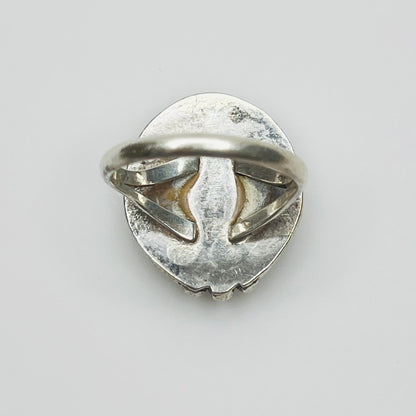 Back of vintage silver ring showing band and patina