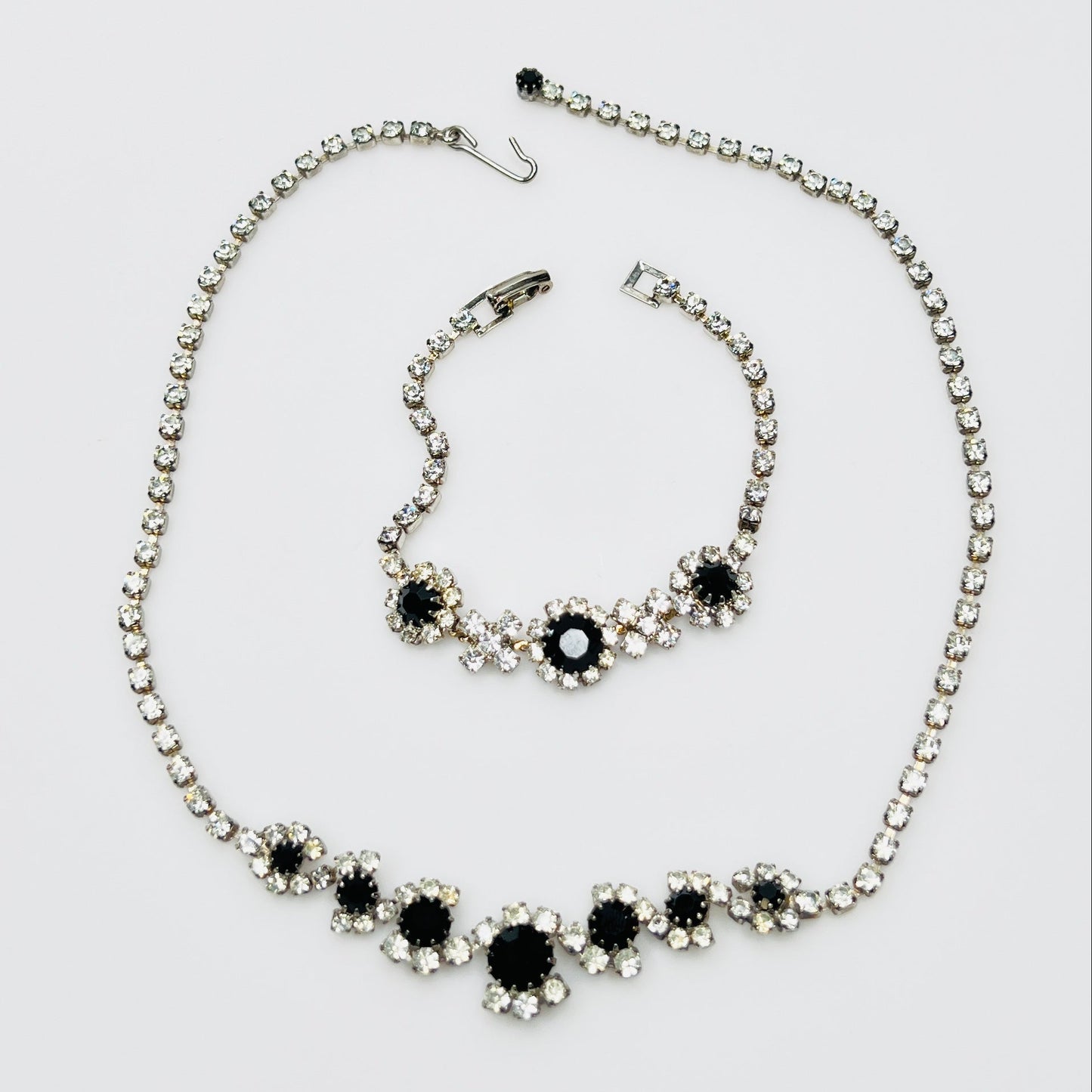 Vintage 1950s black and clear rhinestone necklace and bracelet set