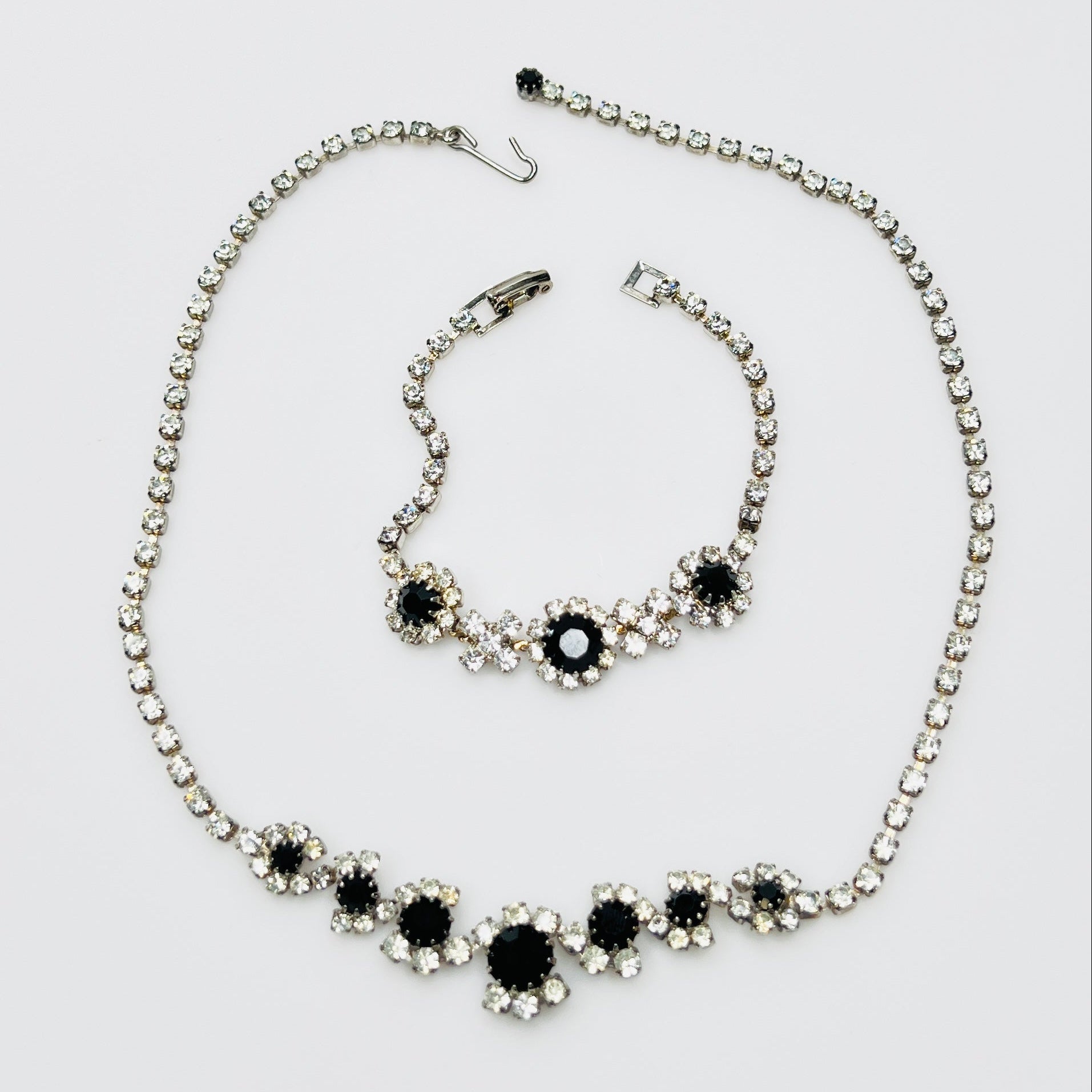 Vintage 1950s black and clear rhinestone necklace and bracelet set