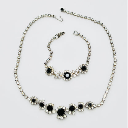 Vintage 1950s black and clear rhinestone necklace and bracelet set