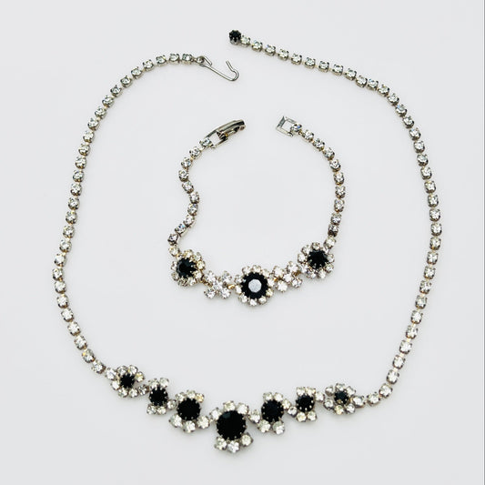 Vintage 1950s black and clear rhinestone necklace and bracelet set