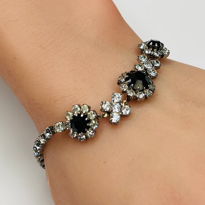 Vintage black rhinestone daisy bracelet with clear crystal accents