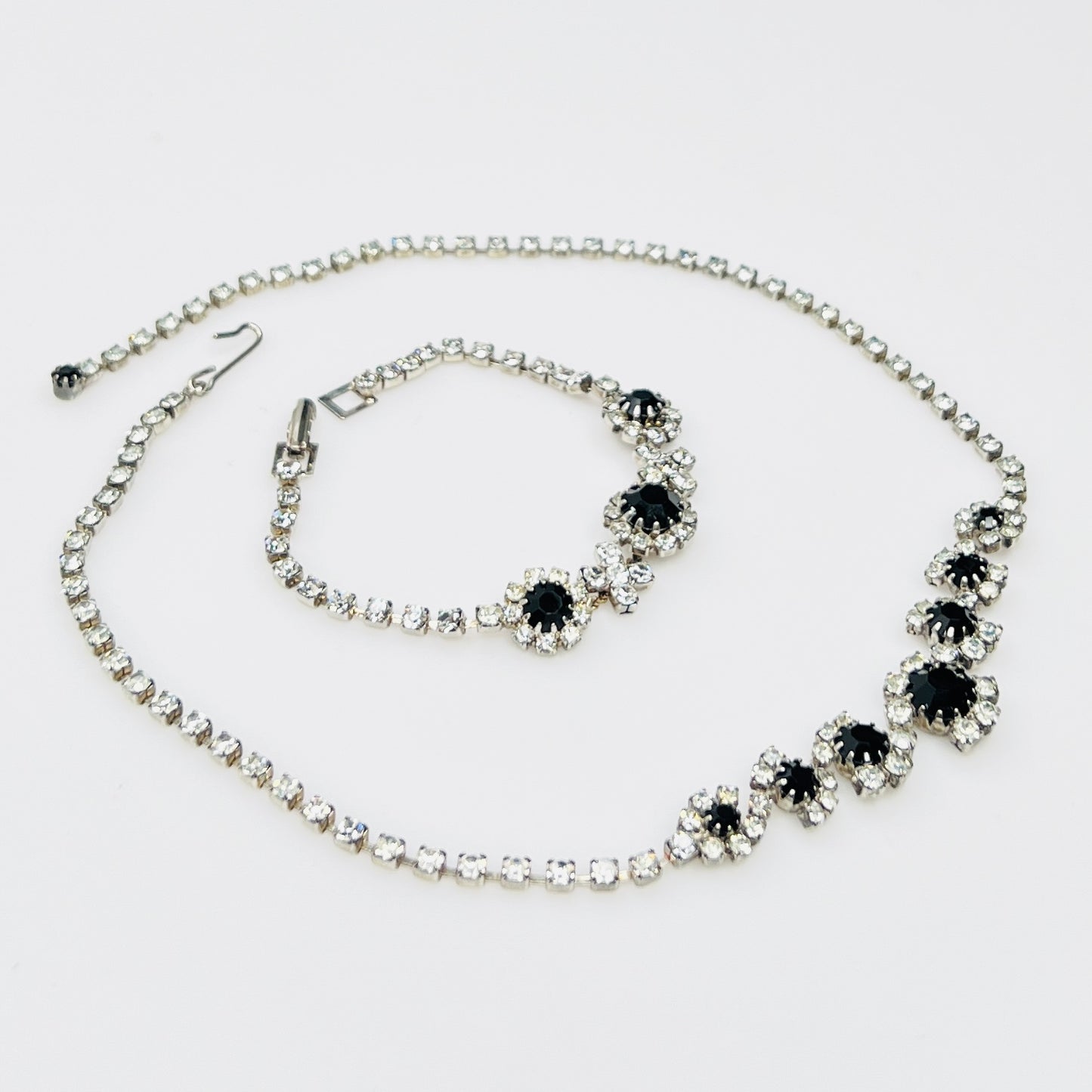 Vintage 1950s black and clear rhinestone necklace and bracelet set