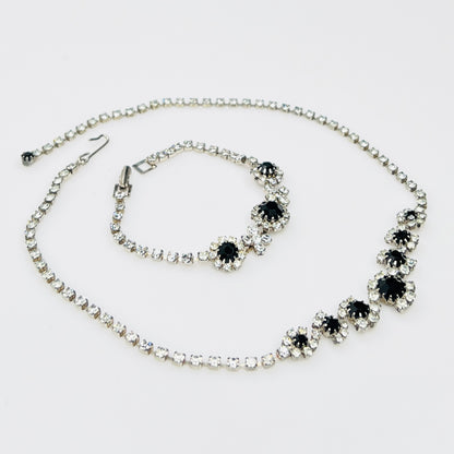 Vintage 1950s black and clear rhinestone necklace and bracelet set