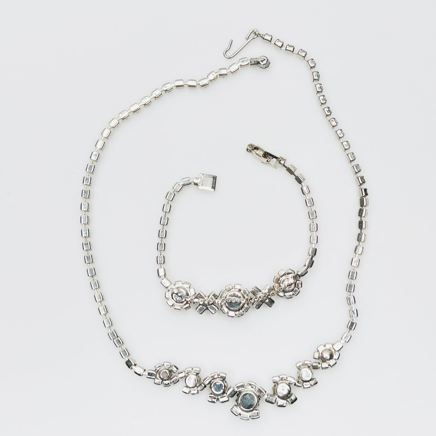 Back view Vintage 1950s black and clear rhinestone necklace and bracelet set