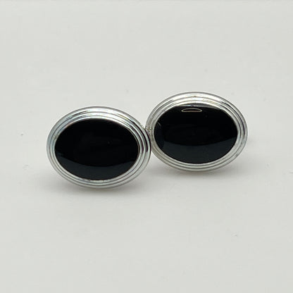 Classic men’s formal cufflinks, silver-tone with black enamel-style finish