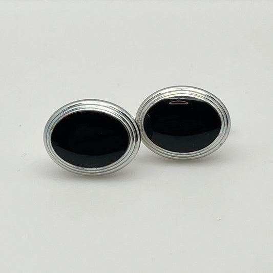 Classic men’s formal cufflinks, silver-tone with black enamel-style finish