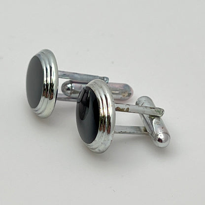 Classic men’s formal cufflinks, silver-tone with black enamel-style finish