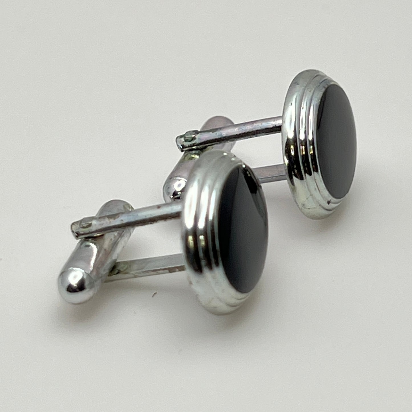 Classic men’s formal cufflinks, silver-tone with black enamel-style finish