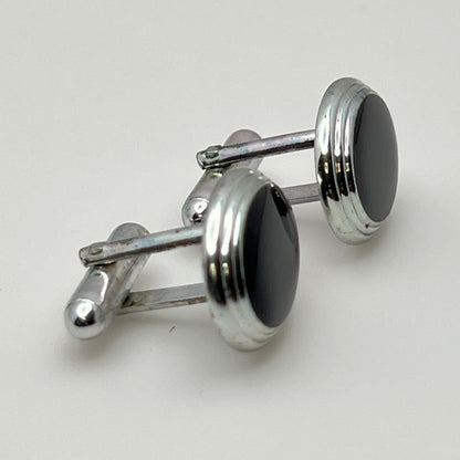Classic men’s formal cufflinks, silver-tone with black enamel-style finish