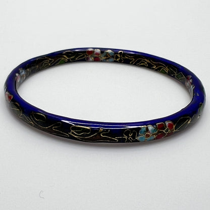 Cloisonné skinny bangle in navy blue with pink and green flowers